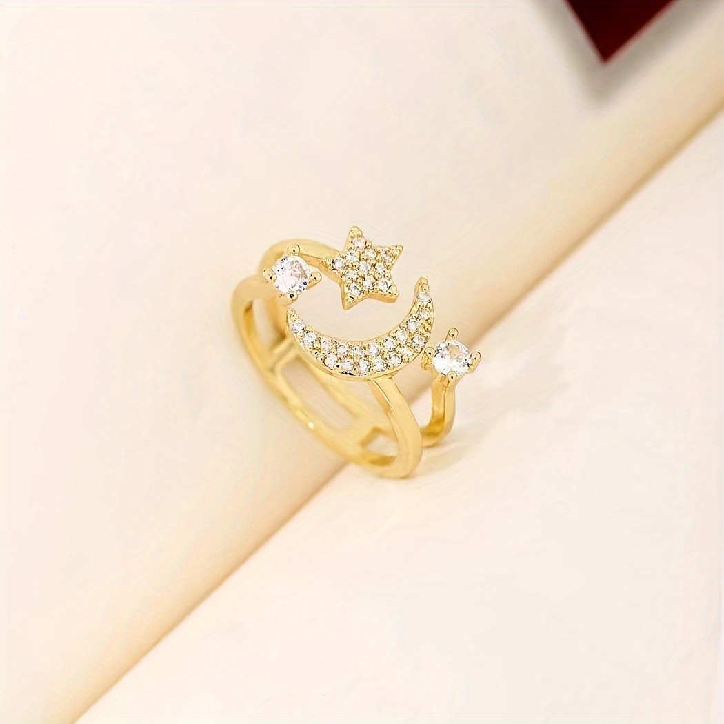 Adjustable Star & Moon Ring with CZ Stainless Steel